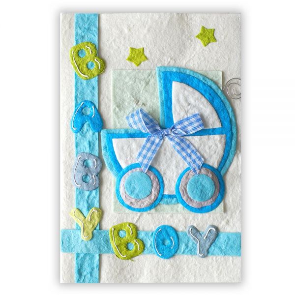 SAA Baby Grußkarte | blauer Kinderwagen